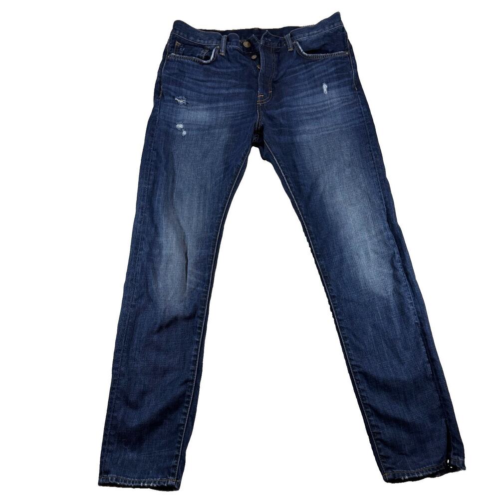 &Denim Mens 33 Slim Straight Jeans Dark Wash Distressed Button Fly Blue Denim